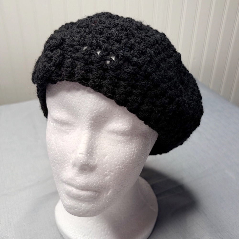 Handmade Beret Hat One Size Black Crochet Knit Slouchy French Artist Tam